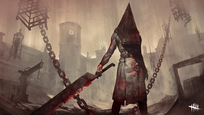 Pyramid Head stands in the middle of Midwich Elementary in the Silent Hill Realm of Dead by Daylight