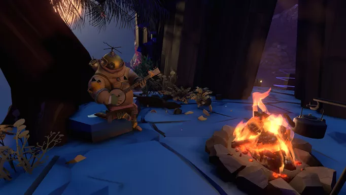 character at a campfire in Outer Wilds
