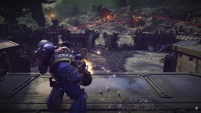 an image of Space Marine 2 gameplay showing Titus fighting a horde of Tyranids