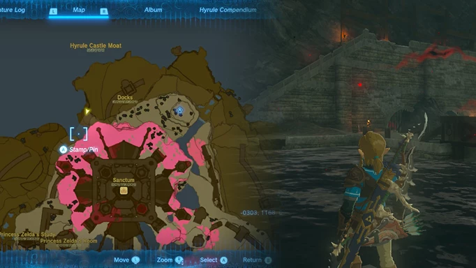 The map location of the Hyrule Castle Docks, as well as a screenshot of the dock where the Hylian Shield is found.