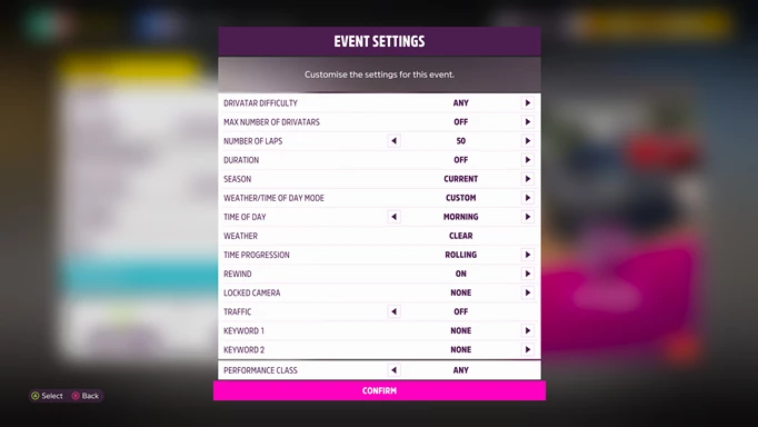 Event settings for the Goliath Race.