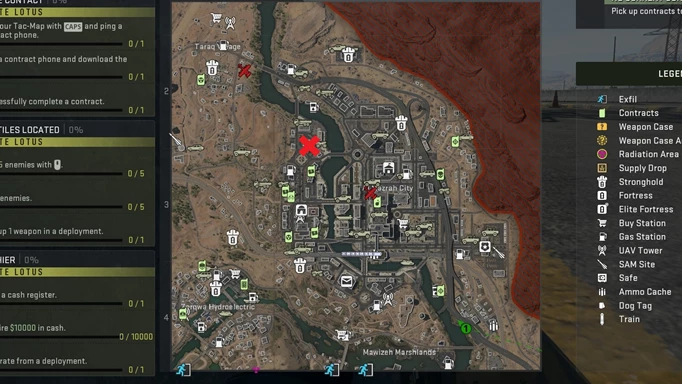 Map showing the MW2 DMZ Police Armory key unlock location in cell F2