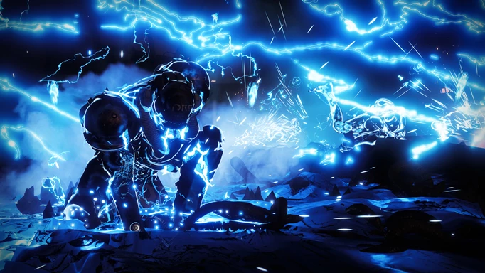 An Arc Titan crashing into the ground with Arc energy
