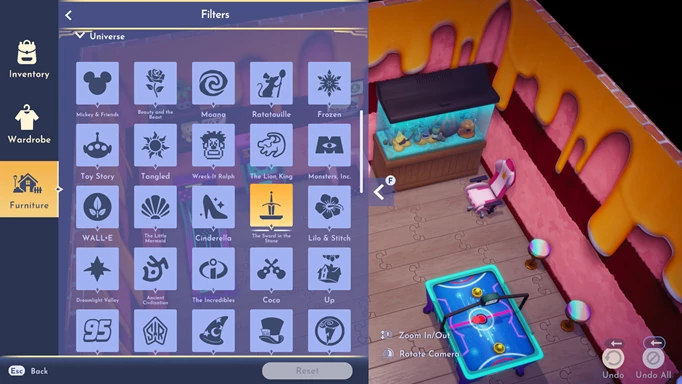 Screenshot showing how to filter items in Disney Dreamlight Valley
