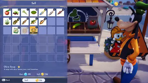 Screenshot of the selling price of Okra Soup in Disney Dreamlight Valley