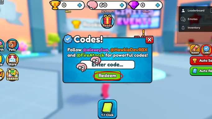 Screenshot showing how to redeem IQ Wars Simulator codes