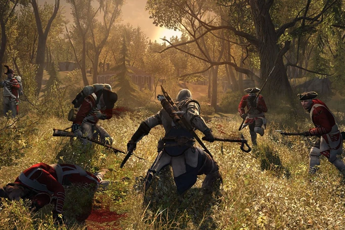 Connor surrounded by English soldiers in Assassin's Creed 3