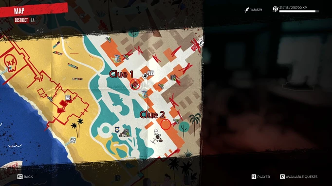 an image of the Dead Island 2 map showing the locations of the two objectives in Missing: Pablo