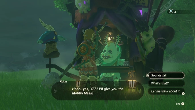Screenshot of Koltin with dialogue about the Moblin Mask in Zelda: Tears of the Kingdom