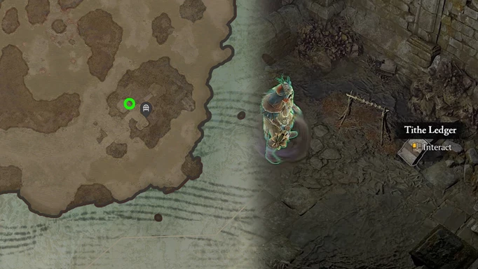 Gameplay screenshot and map location for Tithe Book in Diablo 4