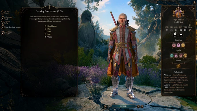 Image of the Bard starting instruments in Baldur's Gate 3