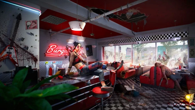 promotional art of Dead Island 2, showing a character in a diner