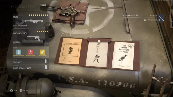 A loadout menu with dossier files on a crate.