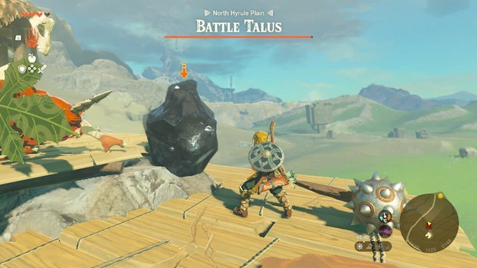 Link hits the weak point of the Battle Talus with a spiked club in The Legend of Zelda: Tears of the Kingdom