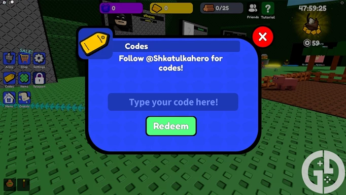 Image showing you how to redeem codes in Control Army