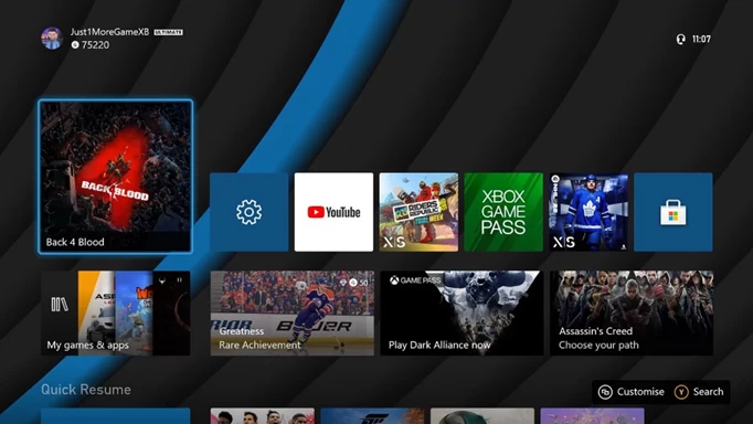 An Xbox dashboard showcasing a different theme, as part of our "how to change your Xbox background on Series X" guide.
