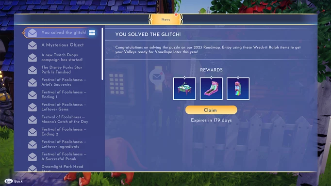 Screenshot showing the mailbox used to claim code rewards in Disney Dreamlight Valley