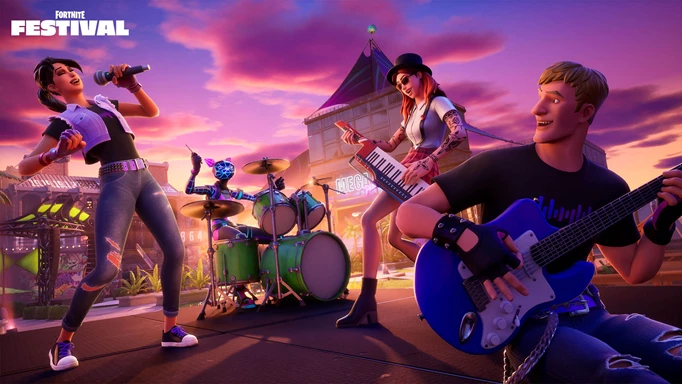Key art for Fortnite Festival, featuring a series of skins playing instruments.