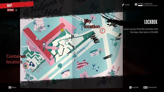 Image of the Dead Island 2 map showing the locations of the Poolside Container key and the Poolside Bio Container