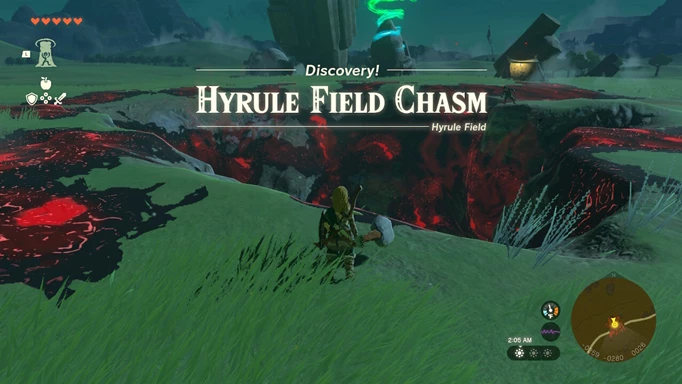 a screenshot of Hyrule Field Chasm in Tears of the Kingdom