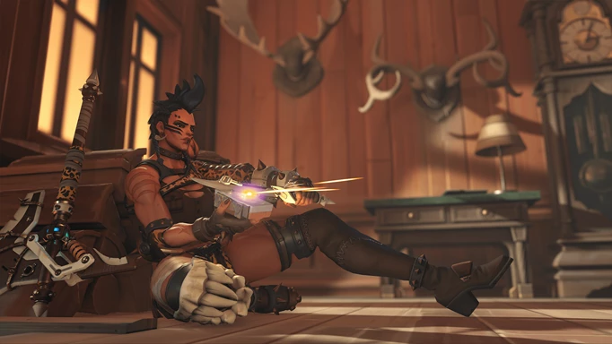 Screenshot of Junker Queen sharpening her weapon in Overwatch 2