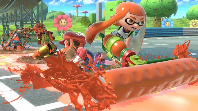 An Inkling rolls over Samus and Mario with a paint roller in Super Smash Bros Ultimate.