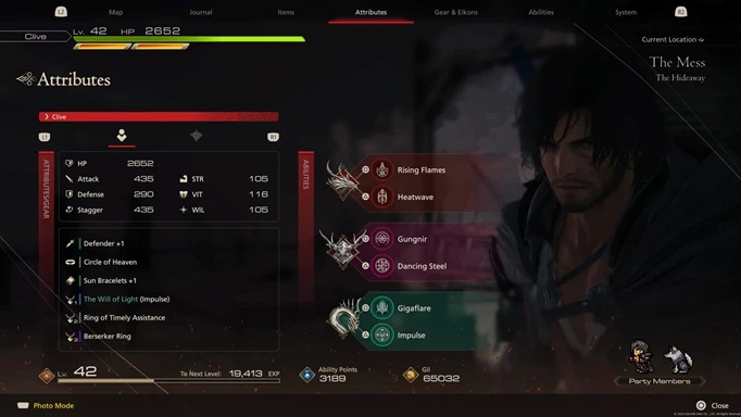 Image of the gear screen in Final Fantasy 16 featuring the best weapons, armour, and accessories