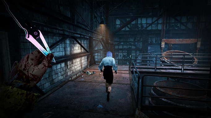 A Killer, the Trickster, readies a throwing knife for a fleeing Survivor in a large foundry building