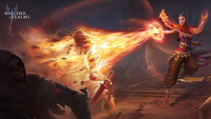 Image of a character using a fire spell in Watcher of Realms