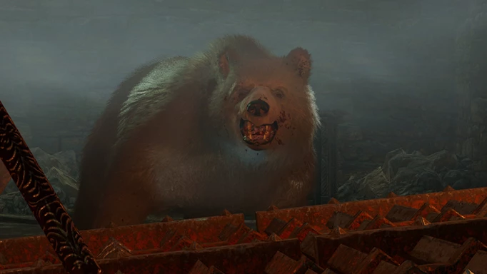 A bear from Baldur's Gate 3, bloodied around the mouth and snarling.