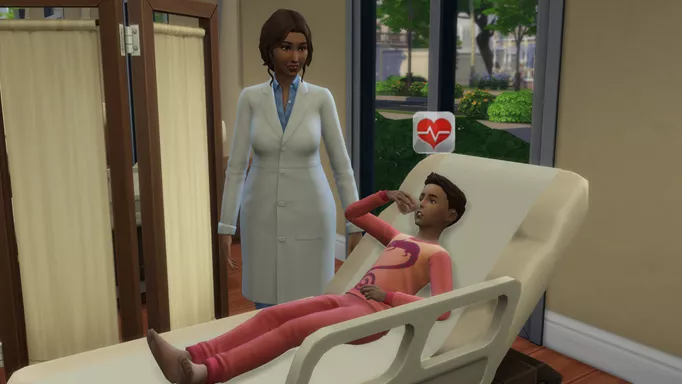 A Doctor standing next to a poorly patient in The Sims 4