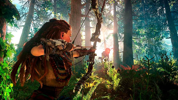 Aloy taking aim with her bow in Horizon Forbidden West.