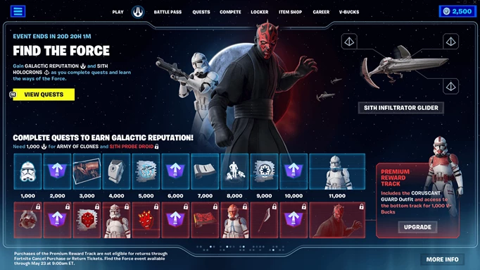 The Galactic Reputation tab of the Fortnite x Star Wars Find the Force Event