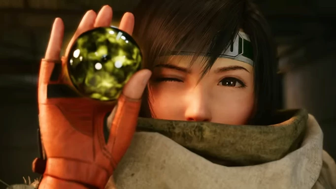 yuffie holding up a materia and winking