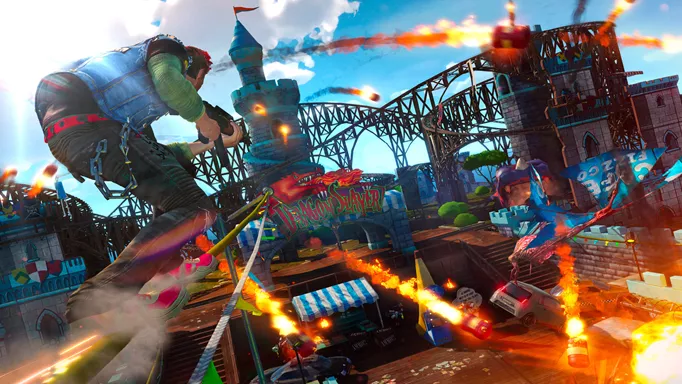 Grinding on a rail in Sunset Overdrive