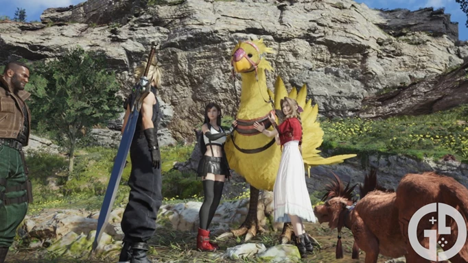 Image of Tifa and Aerith stood next to a Chocobo in Final Fantasy 7 Rebirth
