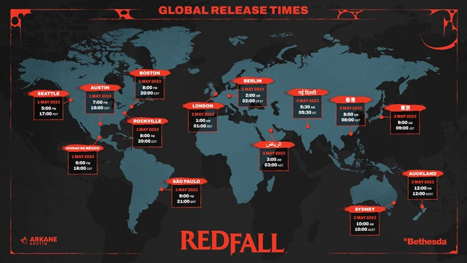 A time zone map showing the release times for Redfall around the world.