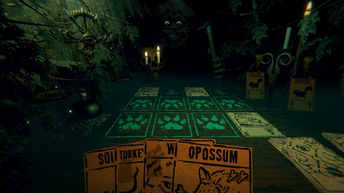 Inscryption screenshot showing card combat against a creepy figure