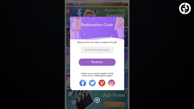 Code redemption screen in Chapter: Interactive Stories