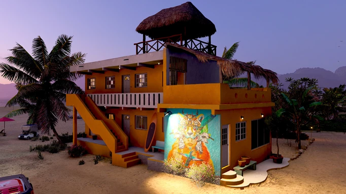 An orange house on the beach.