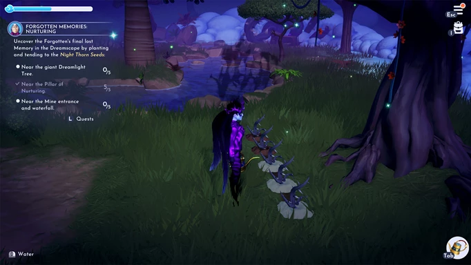 Night Thorn seeds placed in Disney Dreamlight Valley, a quest to unlock Fairy Godmother