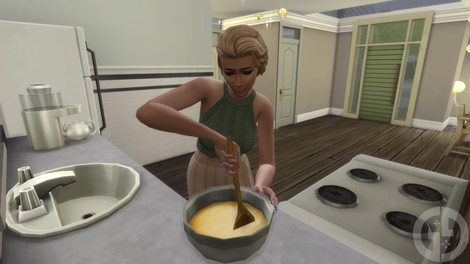 Screenshot of a Sim cooking in The Sims 4