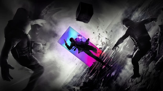 The key art of the PSVR2 game Synapse, which sees a protagonist emerge from a doorway of swirling colour into a monochrome space.