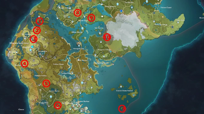 All Liyue Shrine of Deeps Map -platser i Genshin Impact