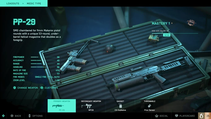 The PP-29 in a loadout menu.