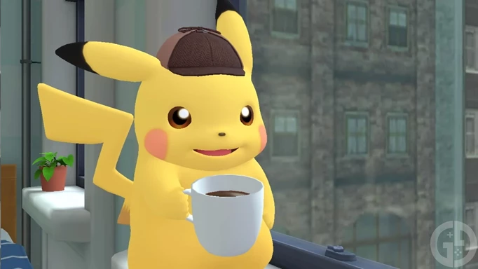 Detective Pikachu ponders mysteries over coffee in Detective Pikachu Returns