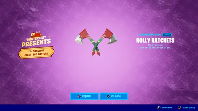 One of the gifts available during the Fortnite Winterfest 2021.
