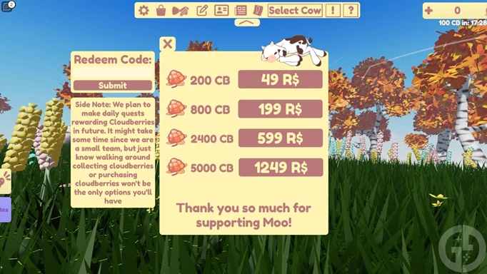 The code remdemption screen in Moo for Roblox