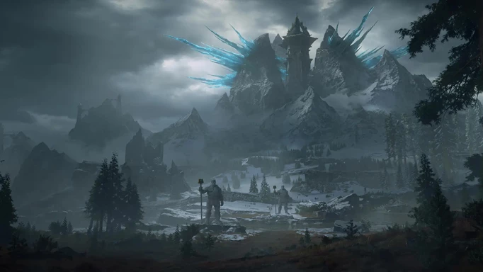 WoW Dragonflight cinematic still showing a huge mountain fortress