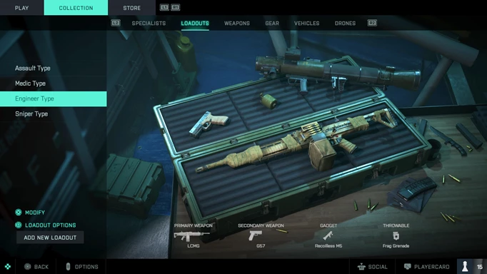 An LMG sits on a crate alongside a rocket launcher and pistol.